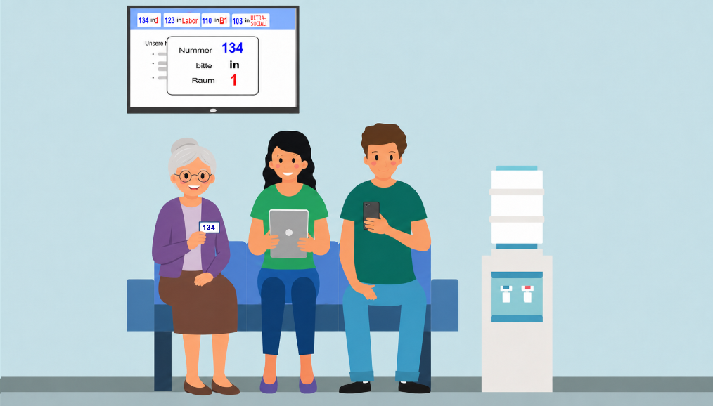 Über die wartenmitadana Website auf PCs oder Tablets können die Patienten kinderleicht per Drag-and-drop verwaltet, verschoben und aufgerufen werden.