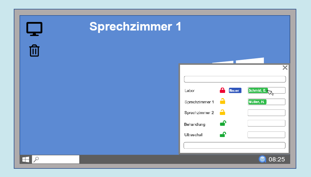 Die Untersuchungszimmern können sich mit einem Klick als frei melden.